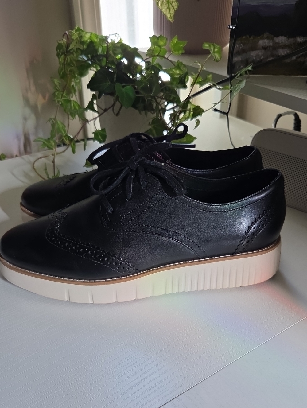 Cole Haan Black Leather Wingtip Platform Loafers